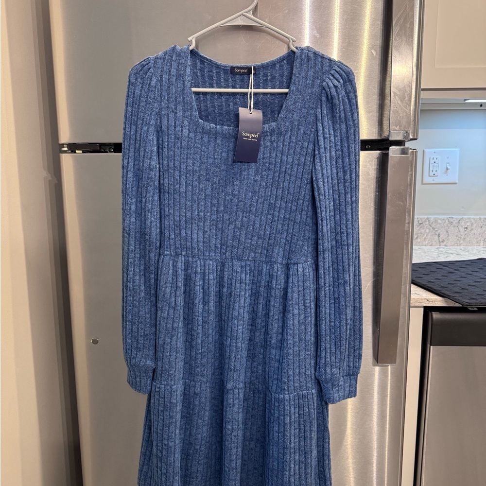 Blue Ribbed Long Sleeve Dress